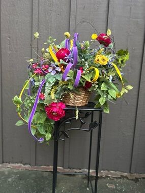 Decorative Mixed Floral Basket with Purple & Yellow Ribbon Accents